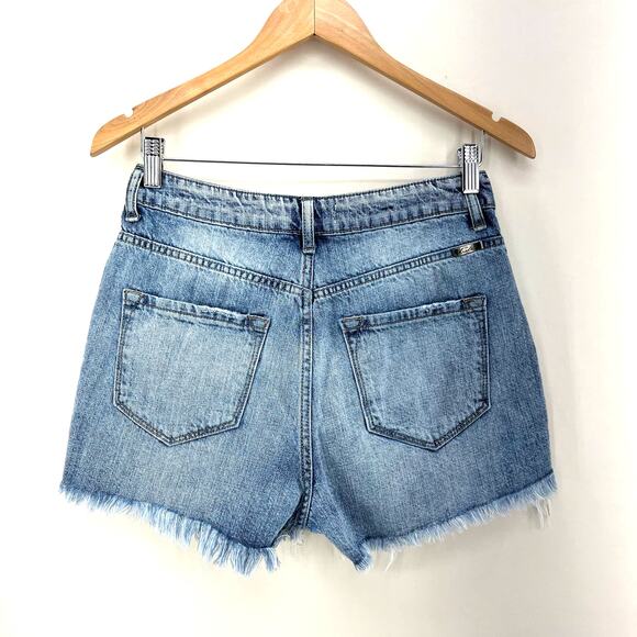 KANCAN High‎ Rise Distressed Ripped Hem Shorts Medium Blue Wash Cotton Women's S - Picture 3 of 5